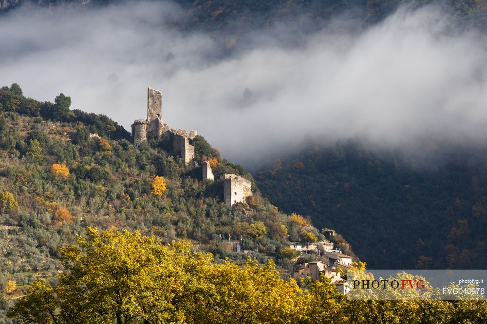 The ruins of the fortifications of the medieval village of Ferentillo in Valnerina, Umbria, Italy, Europe