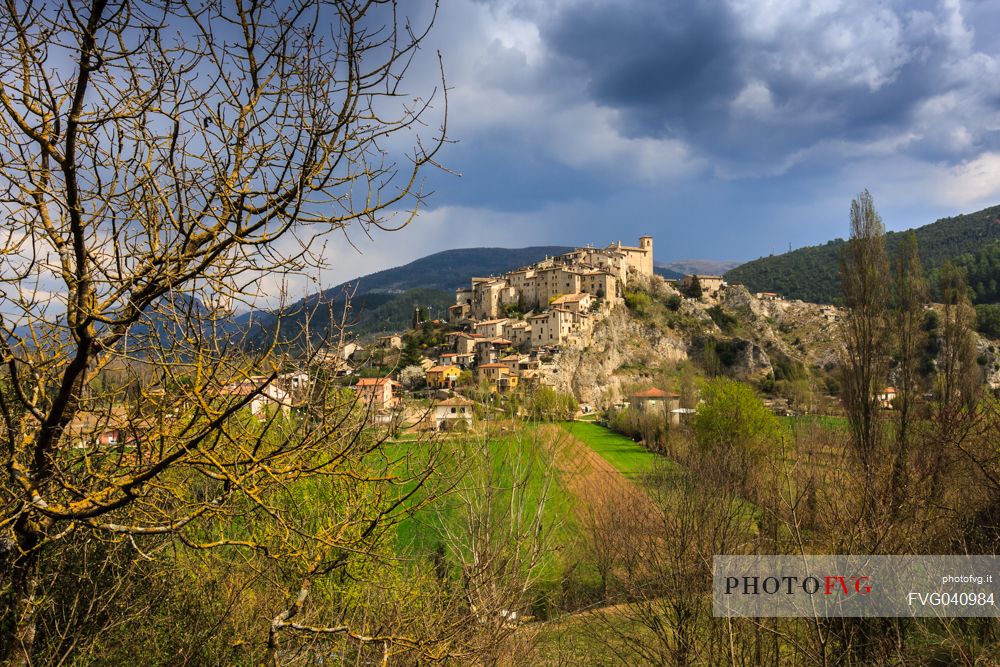 Castelldilago village in spring, a medieval village surrounded by green fields