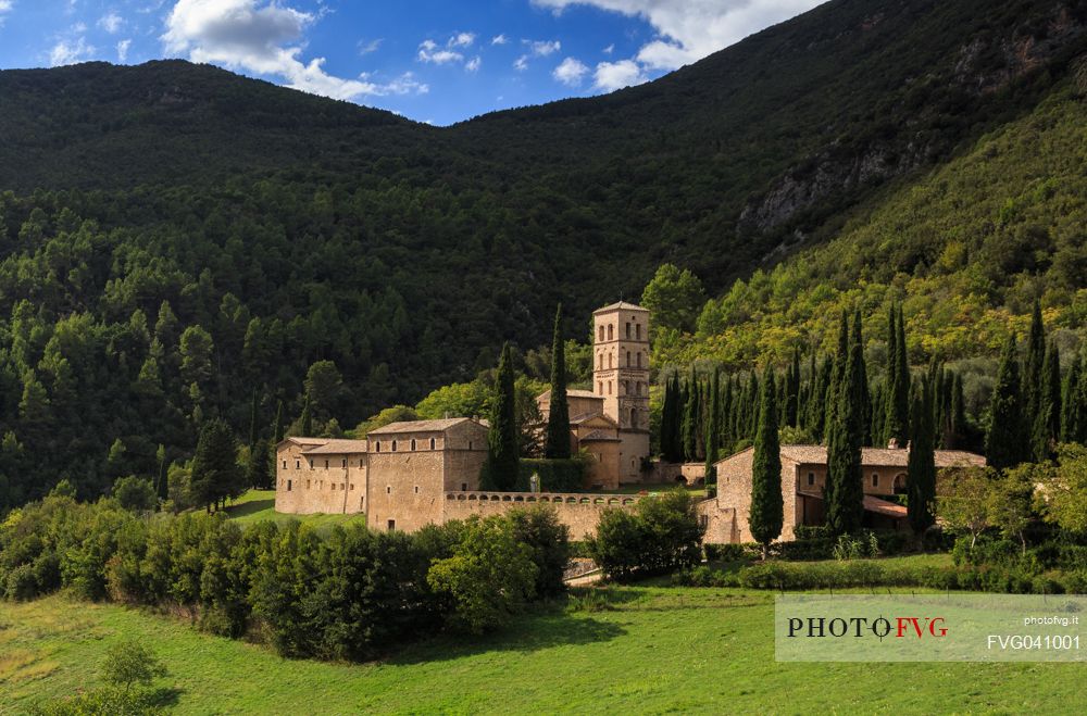 The abbey of San Pietro in Valle with the seventh century church near Ferentillo, Valnerina, Umbria, Italy, Europe