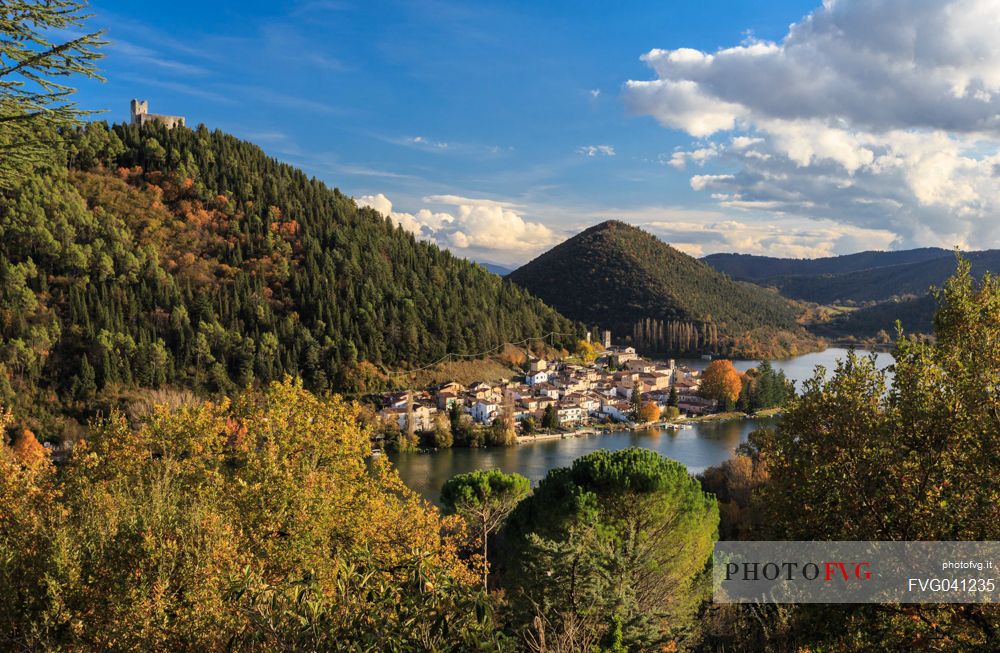 The lake and the village of Piediluco in autumn, Umbria, Italy, Europe