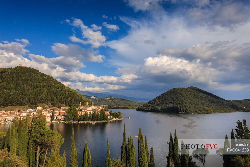 Overview of the lake and the village of Piediluco on a summer day, Umbria, Italy, Europe