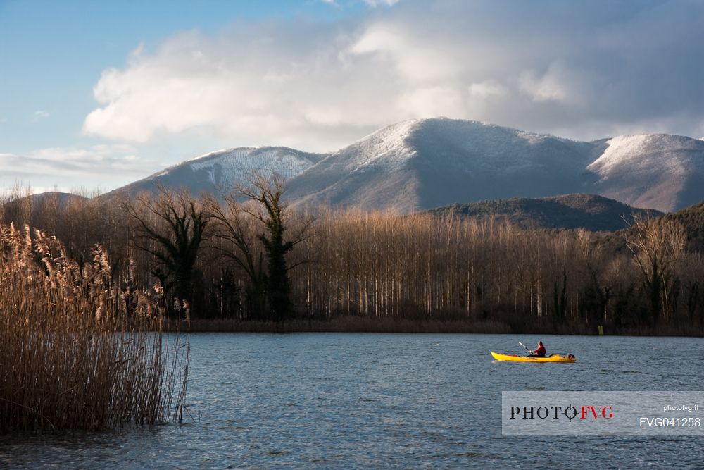 A paddle canoe on the Piediluco lake, Umbria, Italy, Europe