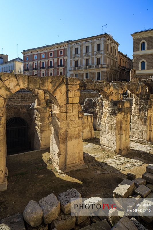 The Roman amphitheater is a Romanesque monument located in the central Sant'Oronzo square, Lecce, Salento, Apulia, Italy, Europe