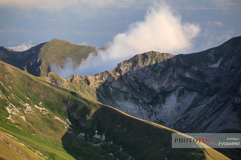 Wild landscape from the top of Pizzo Tre Vescovi peak, Sibillini national park, Ussita, Marche, Italy, Europe