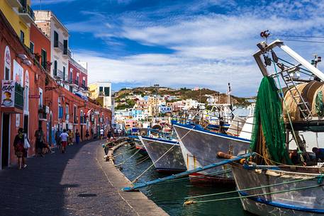 The beautiful and colored old village of Ponza Island with fishing boats in the harbour