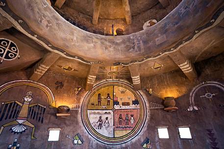 The Desert View Watchtower (1932) is one of several buildings at Grand Canyon designed by the architect Mary Colter. Inside there are murals by Hopi painter Fred Kabotie 