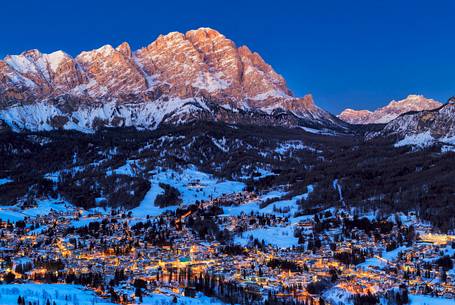 Night time landscape of Cortina D'Ampezzo and mount Cristallo