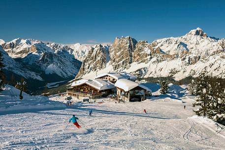 A view of Cortina D'Ampezzo from Faloria ski slope, mount Pomagagnon in the background