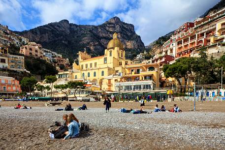 Positano, typical village of Amalfi coast, seen from the beach