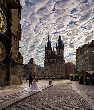 Prague, Old Town Square, Staromestsk nmest: the Gothic Church of Our Lady before Tn with a wonderful cloudy sky