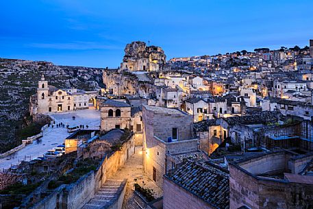 Nightscape of Sasso Caveoso, Matera, Basilicata, Italy, Europe