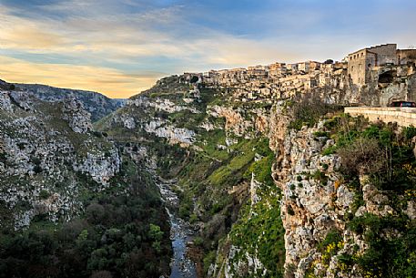 Sunrise on Sasso Caveoso and Gravina, Matera, Basilicata, Italy, Europe