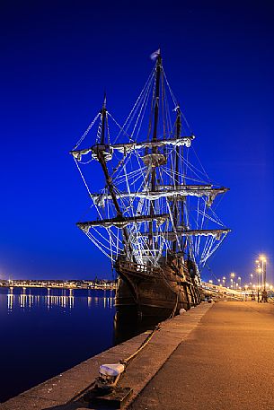 Night view ot the ancient sailing ship in the porto of Saint Malo town, Brittany, France, Europe Night view ot the ancient sailing ship in the porto of Saint Malo town, Brittany, France, Europe