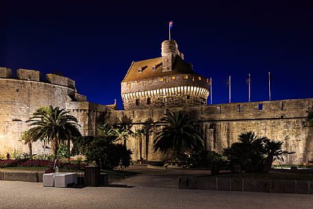 Night image of the historic castle of Saint Malo, Brittany, France, Europe