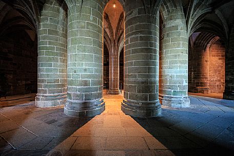 The crypt of the Gros Piliers, Mont Saint Michel, Normandy, France, Europe