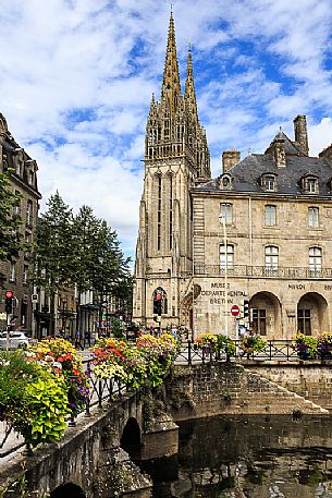 View of the bell tower of Saint Corentin cathedral, Quimper, capital of French Cornwall, Britanny, France, Europe View of the bell tower of Saint Corentin cathedral, Quimper, capital of French Cornwall, Britanny, France, Europe