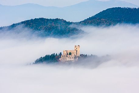 The castle of Piediluco, the fortress Albornoz in the fog, Terni, Umbria, Italy, Europe The castle of Piediluco, the fortress Albornoz in the fog, Terni, Umbria, Italy, Europe