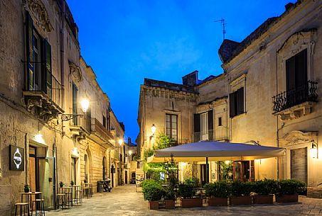 Nightview of streets in the historical center among baroque palaces in Lecce, Salento, Apulia, Italy, Europe