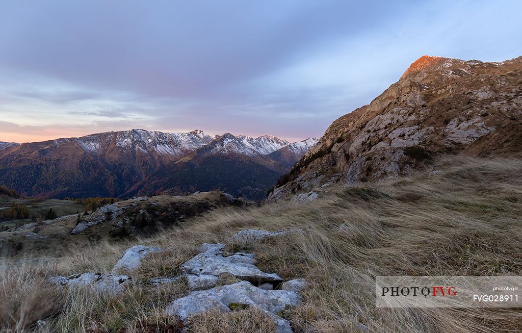 Autumn view of  Terzo and  Paularo mountains from the path leading to the Avostanis Lake, Pramosio, Friuli Venezia  Giulia, Italy