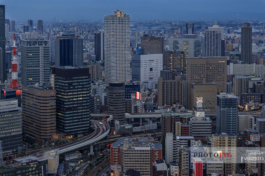 Modern architectures from Umeda Sky Building in Osaka at blue hour, Japan
