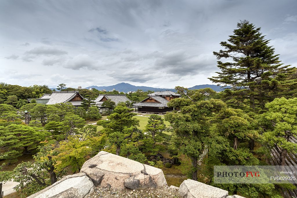 View from above of Nijo-jo Castle, residence of Tokugawa leyasu, the first Shogun of the Edo period, Unesco world Heritage site, Kyoto, Japan
