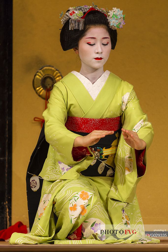 Kyo-mai  is an elegant and dazzling dance performed by maiko and geiko dancers in wonderful ornate dress. Kyo-mai performances by mayko can be enjoyed at Gion Corner theater, Kyoto, Japan