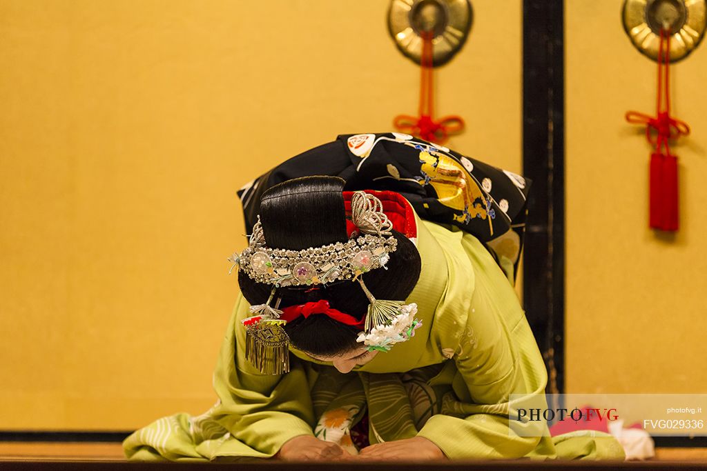 Kyo-mai  is an elegant and dazzling dance performed by maiko and geiko dancers in wonderful ornate dress. Kyo-mai performances by mayko can be enjoyed at Gion Corner theater, Kyoto, Japan