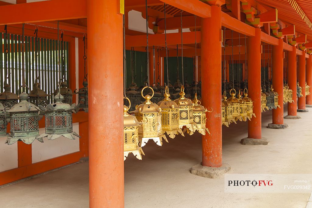 Hanging lanterns at the Kasuga Shrine in Nara, Japan. The interior of this Shrine is famous for its more 1000 bronze lanterns and it is a Unesco World Heritage Site