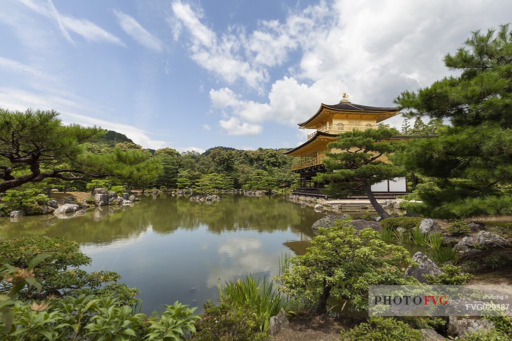 Kinkaku-ji or golden pavilion temple is Japan's most famous  leading temples, World Cultural Heritage featuring a shining golden pavillion riflected in a  centered lake, kyoto, Japan