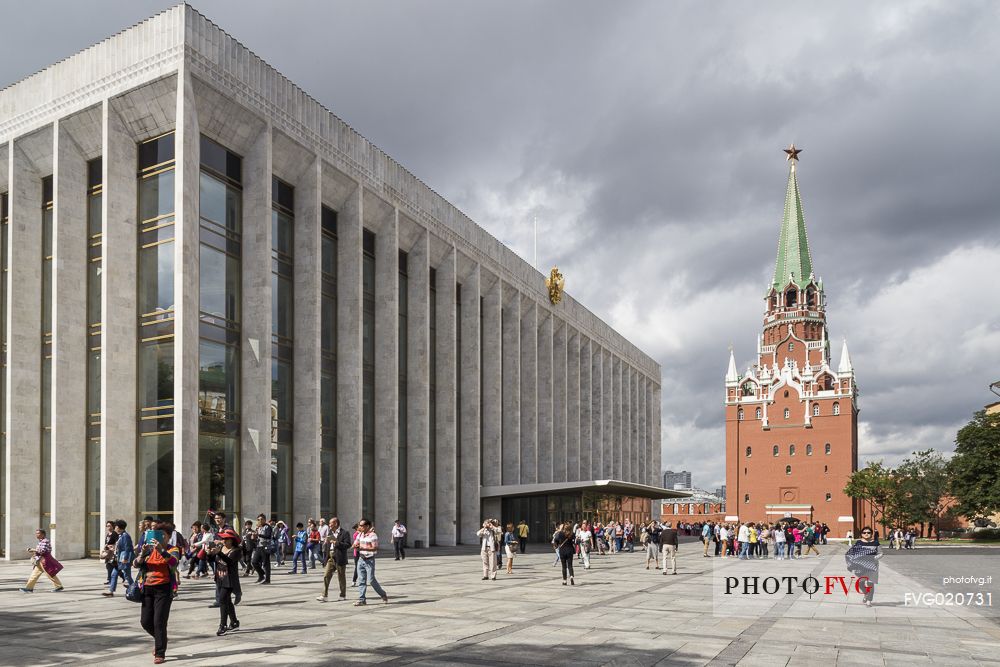 The State Kremlin Palace and the Trinity Tower at the main entrance, Moscow, Russia