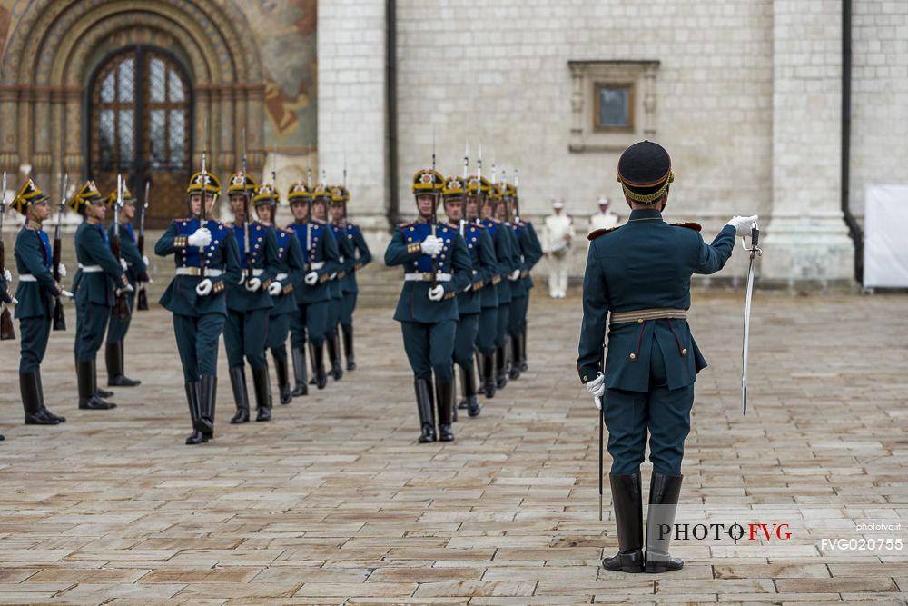 The changing of the guard that takes place every saturday at midday inside the Kremlin of Moscow, Russia