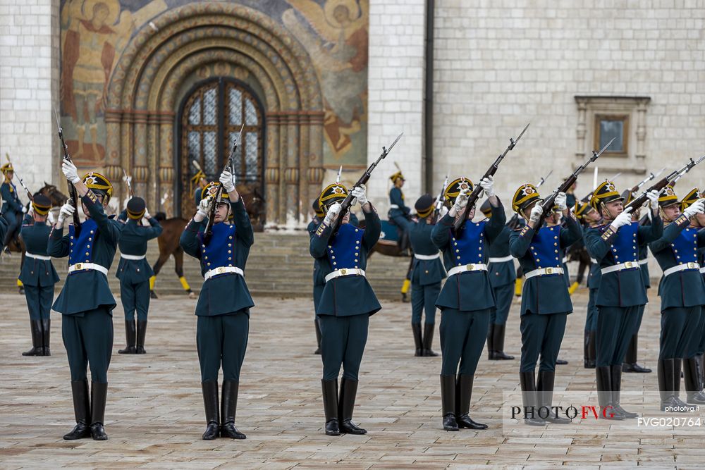 The changing of the guard that takes place every saturday at midday inside the Kremlin of Moscow, Russia