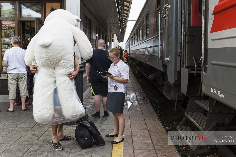 Provodnitsa woman, the carriage attendant who checks every passenger's ticket, Novosibirsk, Russia