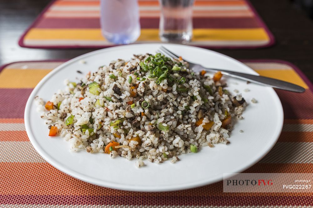 A typical mongolian meal with rice, vegetables and mutton meat.