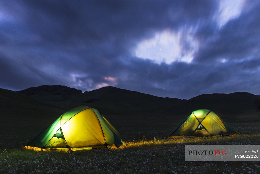 Starry night over the tends in the mongolian steppe, Mongolia