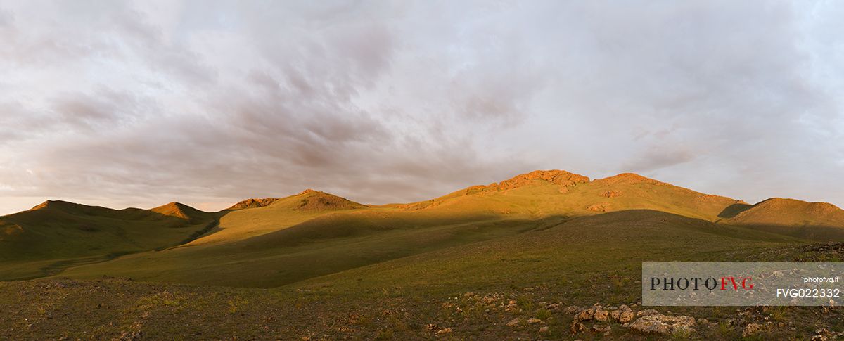 A panoramic view of the sunrise in the mongolian steppe, Mongolia