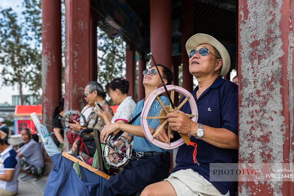 A man flying the kite inside the Summer Palace, Beijing, Peking