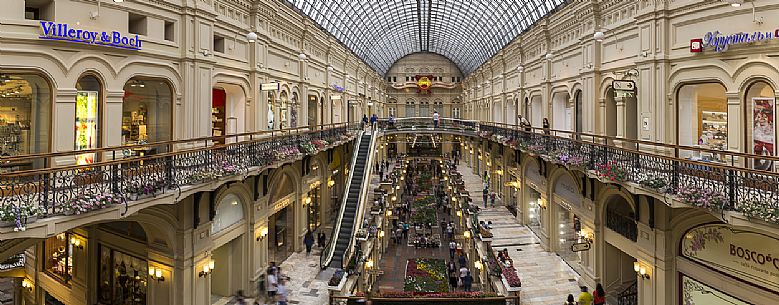 A panoramic view inside the GUM, the big department store of the Red Square, Moscow, Russia