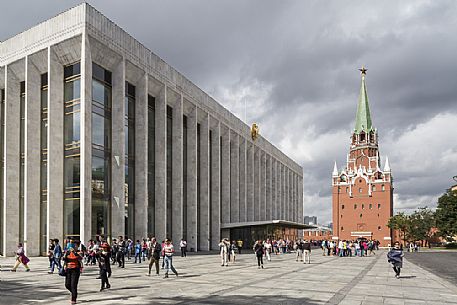 The State Kremlin Palace and the Trinity Tower at the main entrance, Moscow, Russia