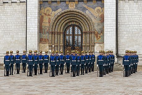 The changing of the guard that takes place every saturday at midday inside the Kremlin of Moscow, Russia