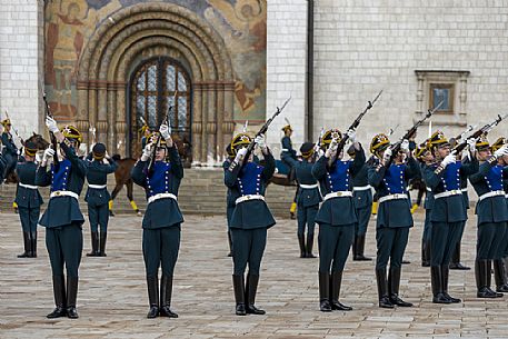 The changing of the guard that takes place every saturday at midday inside the Kremlin of Moscow, Russia