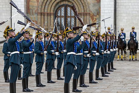 The changing of the guard that takes place every saturday at midday inside the Kremlin of Moscow, Russia