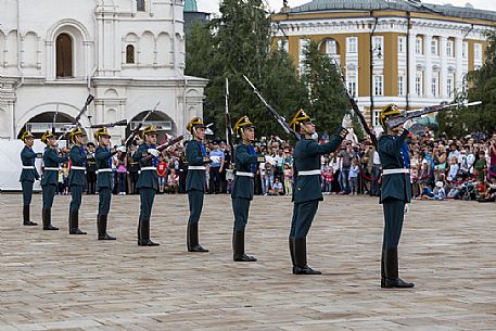 The changing of the guard that takes place every saturday at midday inside the Kremlin of Moscow, Russia