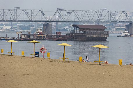 A siberian beach on the riverside of river , Russia