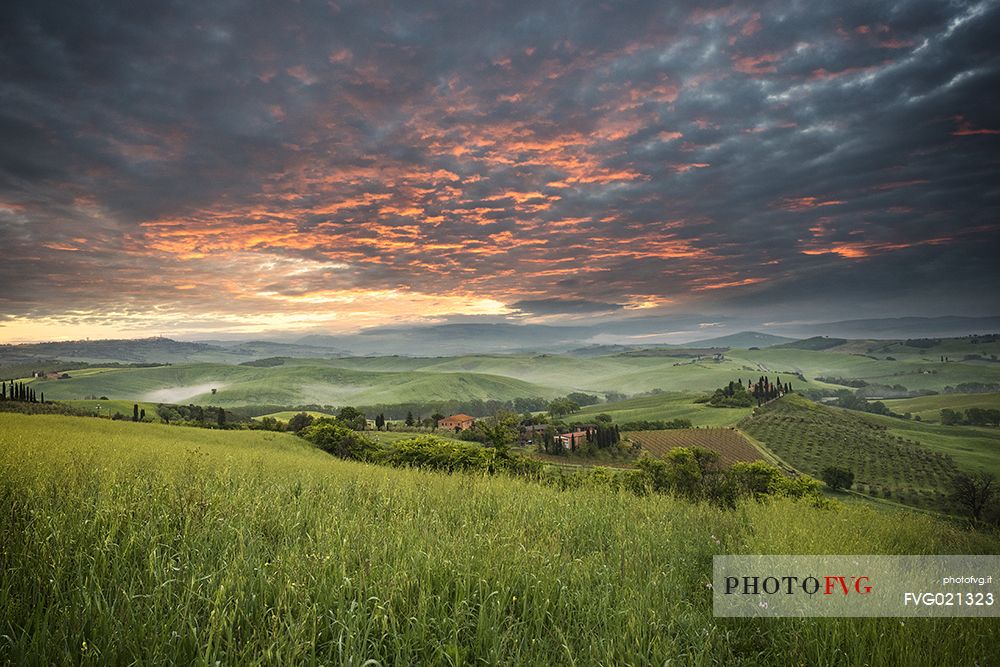 Beautiful sky in the early morning in Orcia valley, Tuscany, Italy