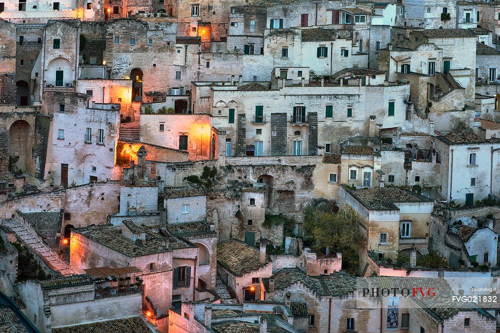 Blu hour in Matera village, Basilicata, Italy