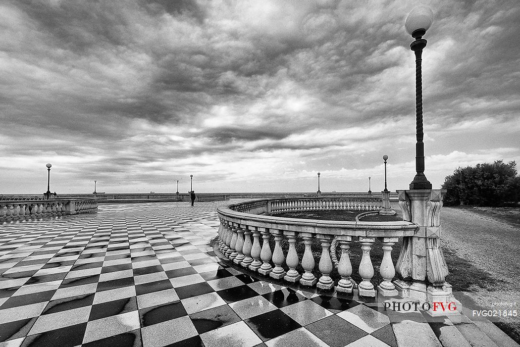 Terrace Mascagni in Livorno, viewpoint along the sea with the checkerboard floor, Tuscany, Italy