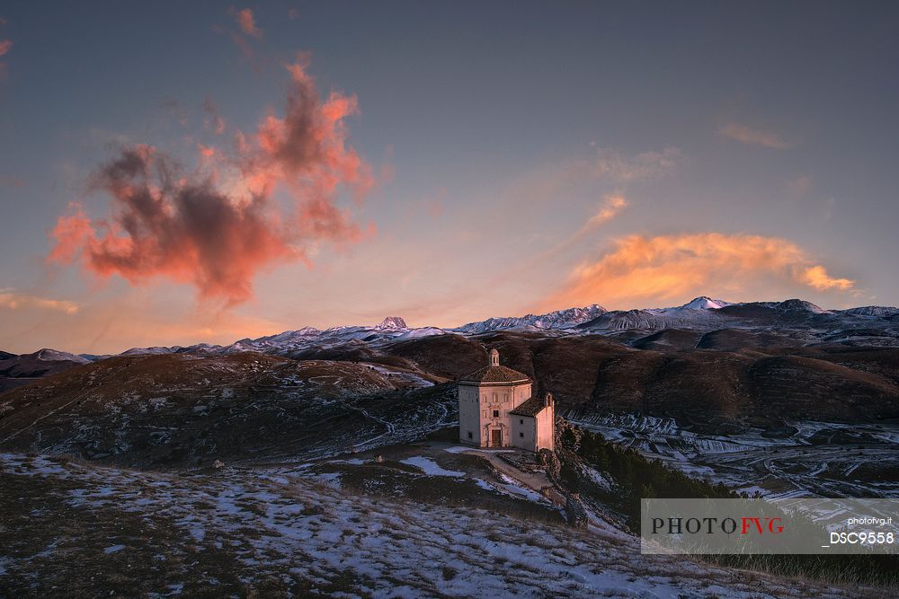 Church of St. Mary of mercy, Santa Maria della Piet and Corno Grande mountain in background, Rocca Calscio, Gran Sasso national park, Abruzzo, Italy