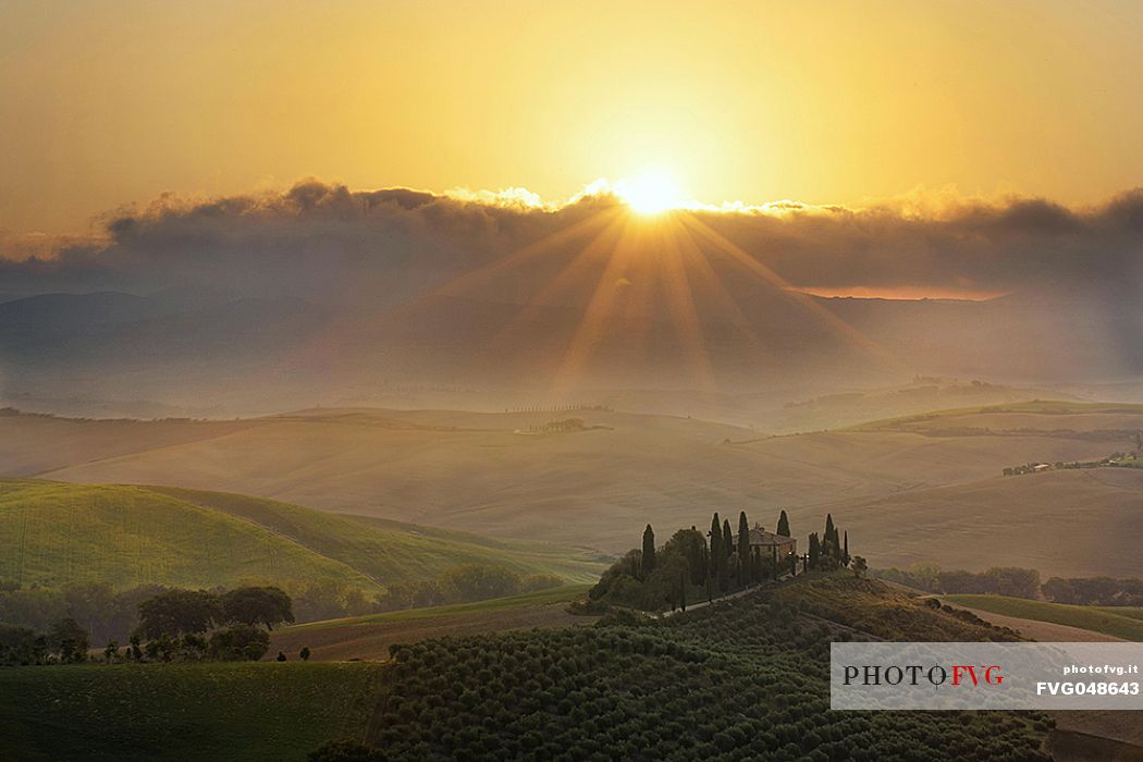 The Belvedere farm, Podere Belvedere in a foggy sunrise, San Quirico d'Orcia, Orcia valley, Tuscany, Italy, Europe