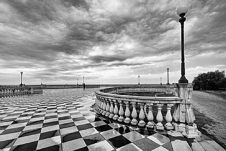 Terrace Mascagni in Livorno, viewpoint along the sea with the checkerboard floor, Tuscany, Italy